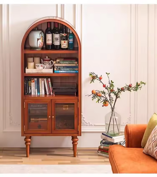 Retro Peacan Arched Bookcase, Wood Storage Cabinet